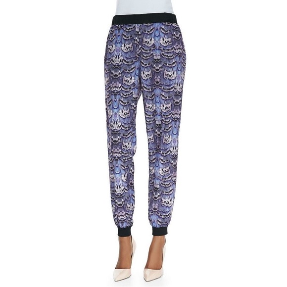 Tibi Ibis Print Jogger Pants Easy Track Pant Purple Feather Joggers Size XS - Picture 1 of 11